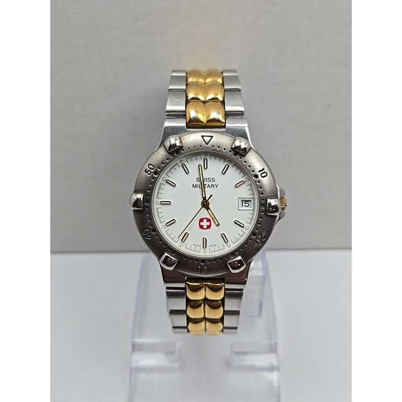 Swiss Military Quartz Watch Date New Battery 38mm Gold Silver Two Tone 5ATM WR - Picture 1 of 11